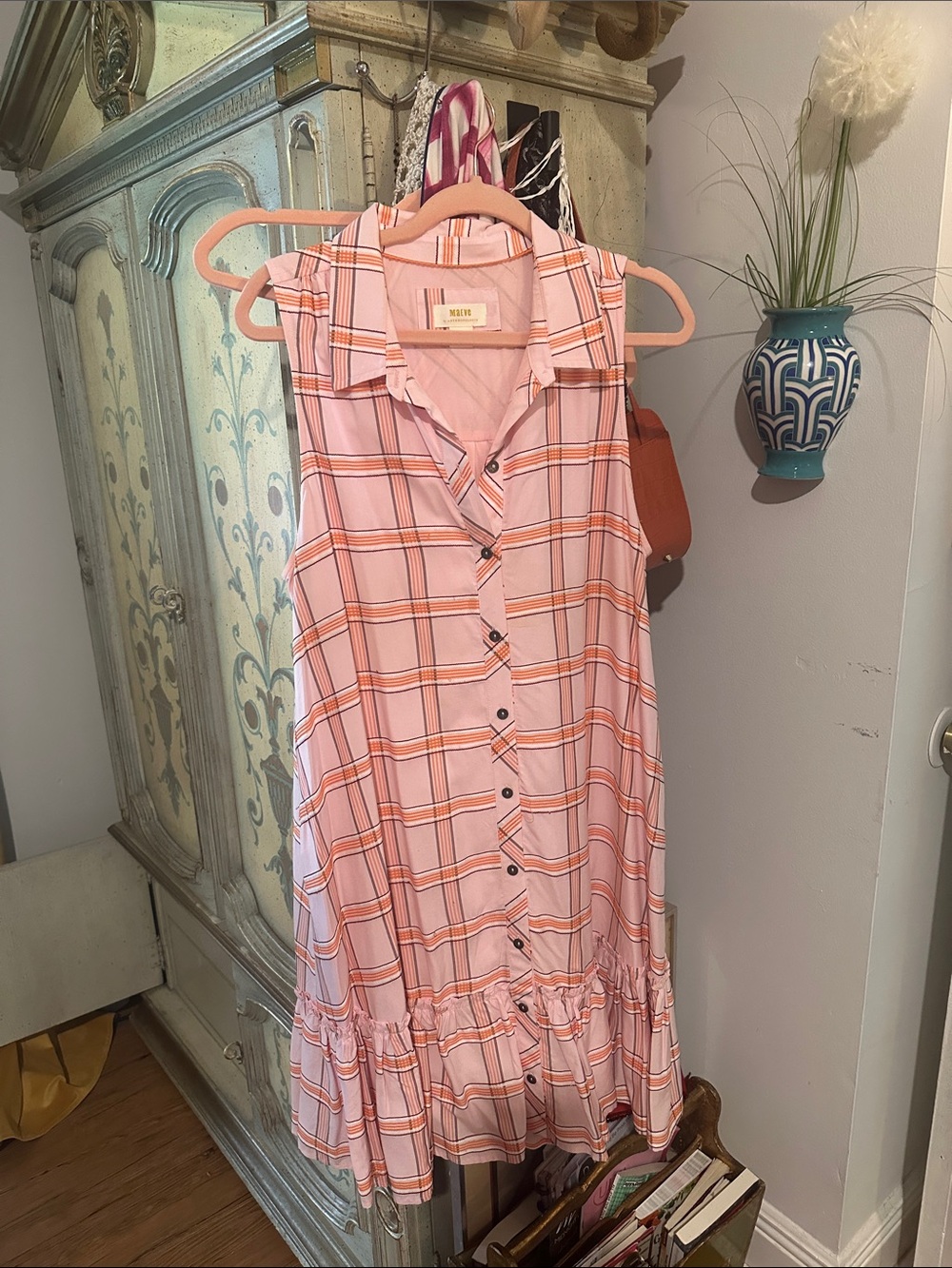 Anthropologie Pink and Orange Plaid Sleeveless Button-Front Dress